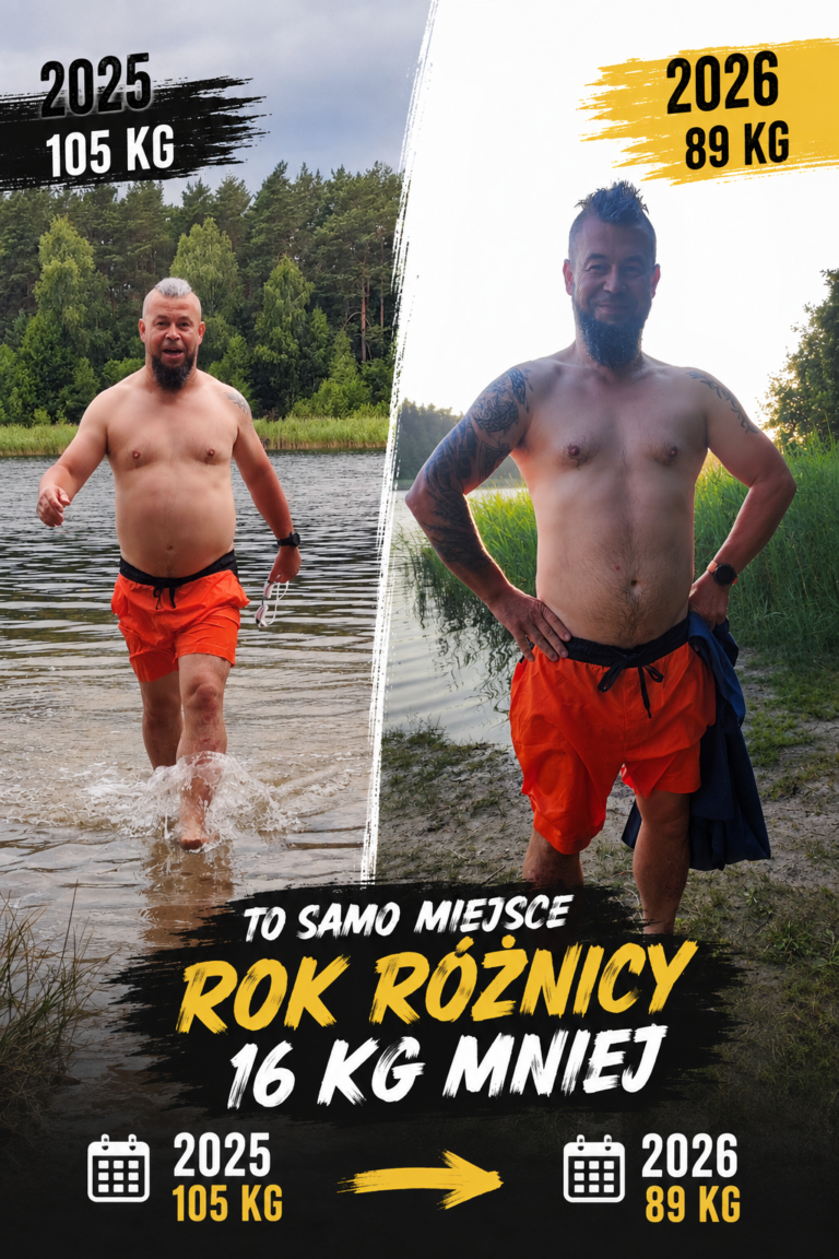 Kolaż zdjęć przedstawiający roczną metamorfozę autora ULi Mazury – to samo miejsce nad jeziorem w latach 2025 i 2026. Spadek masy ciała z 105 kg do 89 kg, czyli 16 kg mniej dzięki diecie i regularnym treningom.