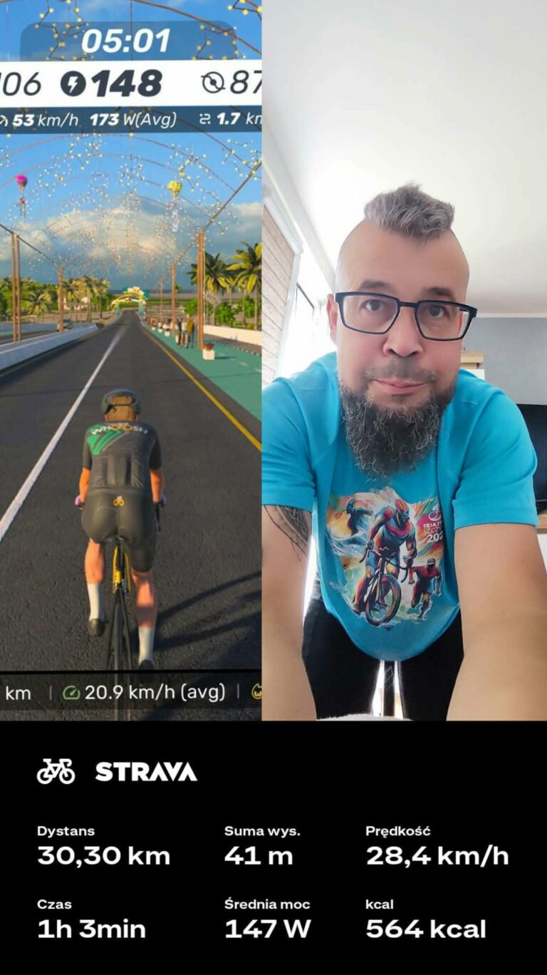 Godzinny trening na trenażerze Wahoo KICKR Core wykonany zamiast biegu z powodu deszczowej pogody podczas przygotowań do Bison Ultra Trail 18 km.