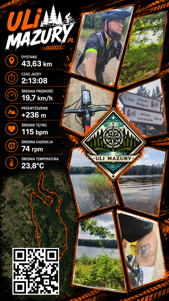 Po wczorajszym bieganiu przyszedł czas na rower. Plan zakładał nieco ponad 50 km, ale mazurska pogoda postanowiła wprowadzić własne poprawki. Ostatecznie wyszło 43,63 km spokojnej jazdy MTB ze Szczytna w okolice jeziora Łęsk, rezerwatu Kulka i dalej fragmentami trasy „Kulka” oraz ścieżką „Rowerem po kolei”. Były szutry, piach, kilka wyśmienitych podjazdów i szybsza końcówka na pobudzenie nóg. Nowe opony ponownie zdały egzamin, a organizm po wczorajszym biegu zachowywał się dokładnie tak, jak powinien. Tylko deszcz uznał, że 43 kilometry na dziś wystarczą. 😁🚴🌲