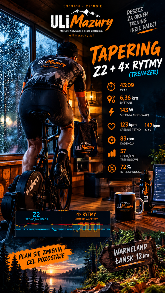 Tapering przed Warneland Łańsk: trening Z2 i 4× rytmy na trenażerze Wahoo KICKR Core. Sprawdzam dane MyTrainPal i przygotowania do startu na 12 km.