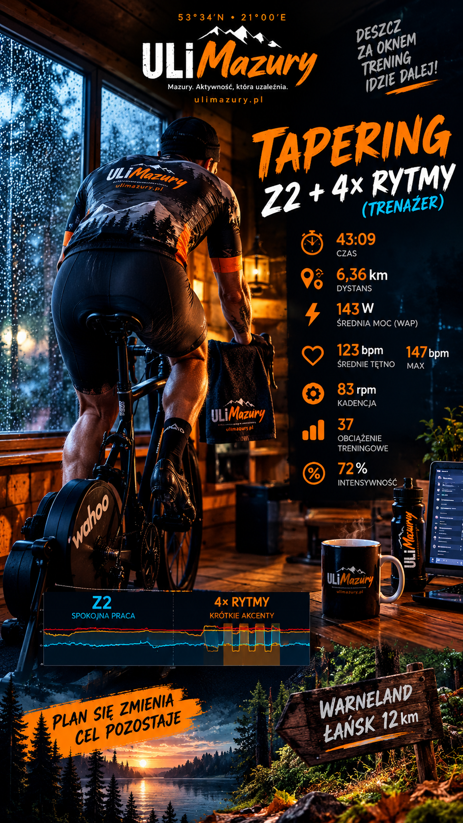 Tapering przed Warneland Łańsk – trening Z2 i 4× rytmy na trenażerze